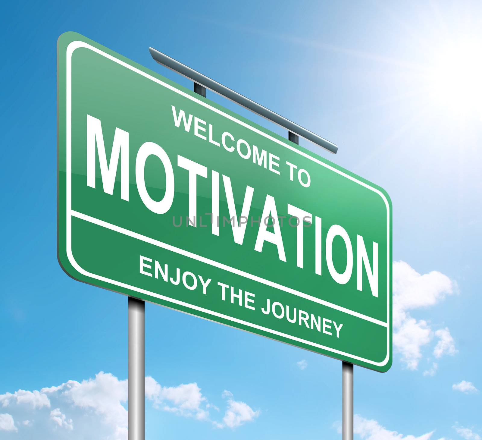 Illustration depicting a green roadsign with a motivation concept. Blue sky background.