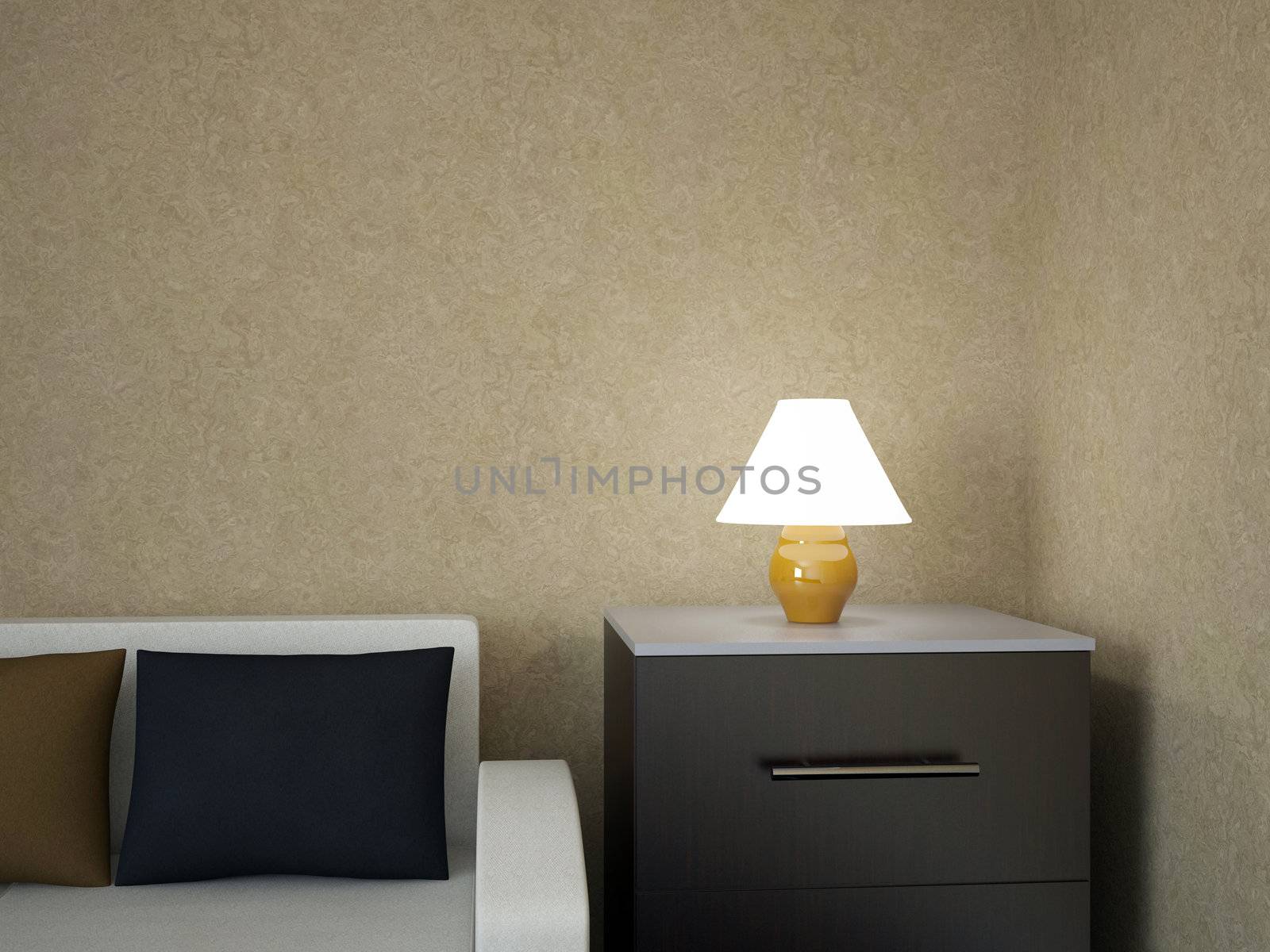 A small lamp on the bedside table
