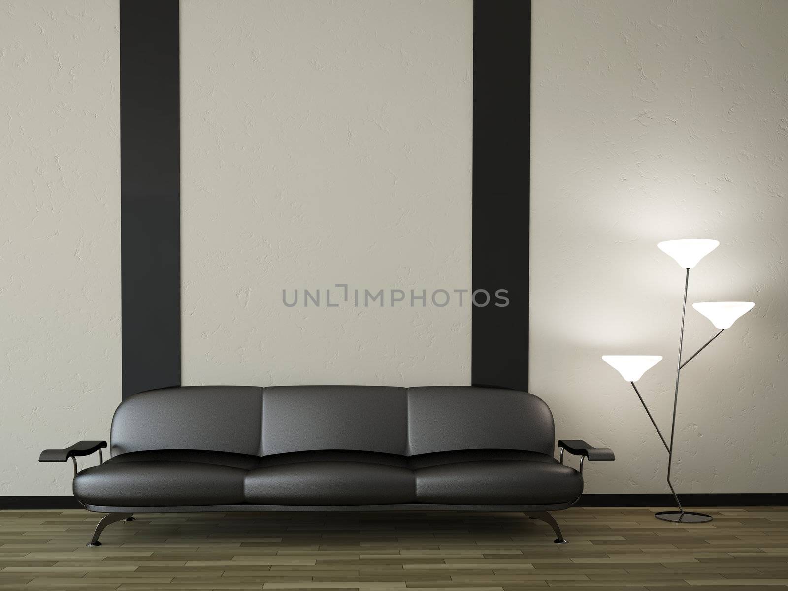 Interior of a room with a leather black sofa