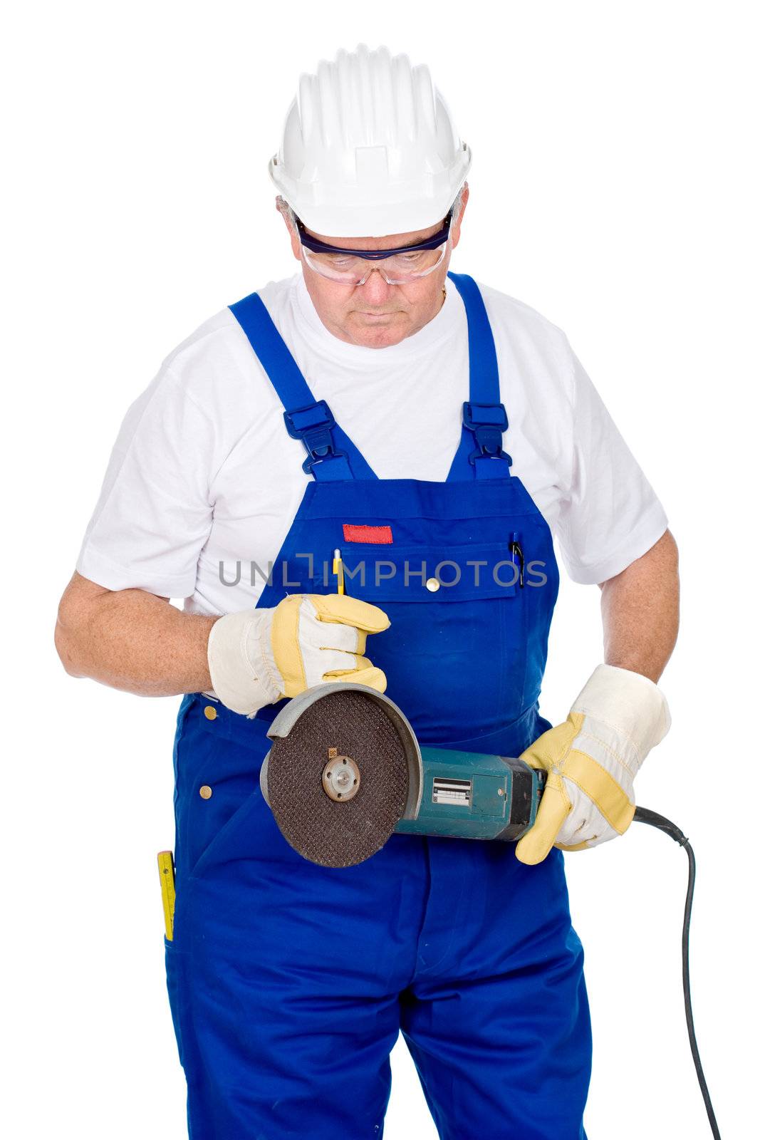 Middle age man in worker suite holding surface grinding machine, isolated on white background