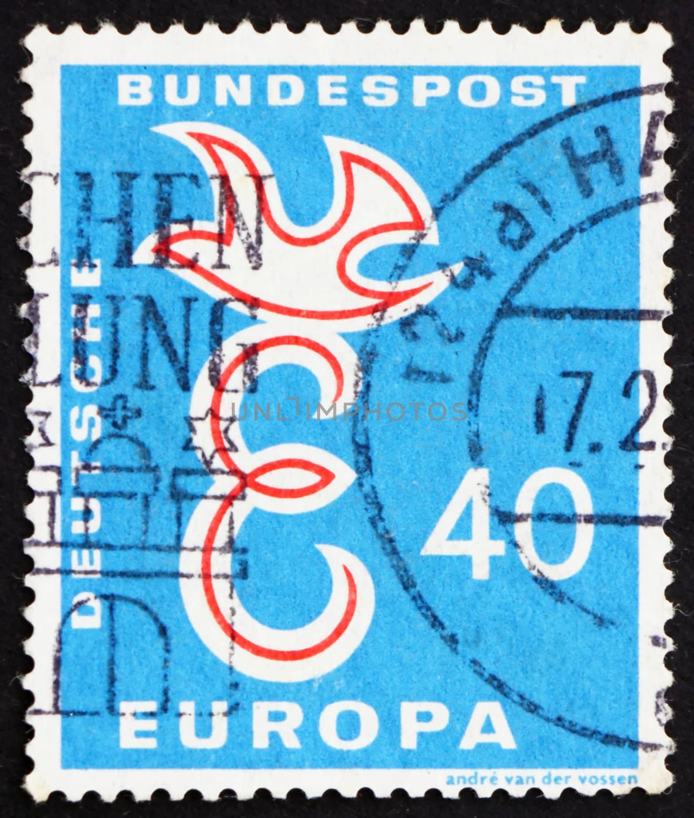 GERMANY - CIRCA 1958: a stamp printed in the Germany shows E and Dove, European Integration, circa 1958