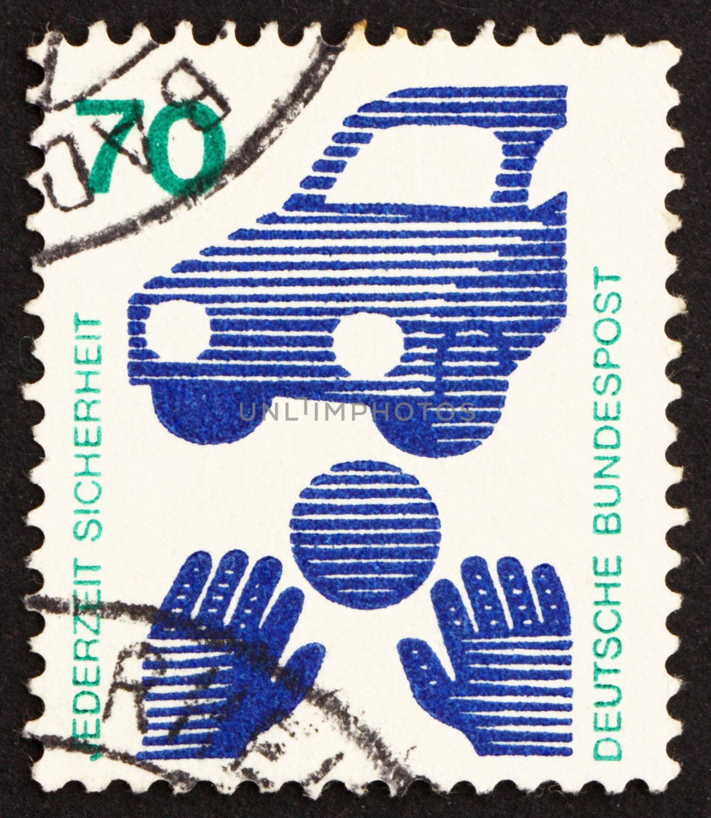 GERMANY - CIRCA 1973: a stamp printed in the Germany shows Traffic Safety, Ball Rolling before Car, circa 1973