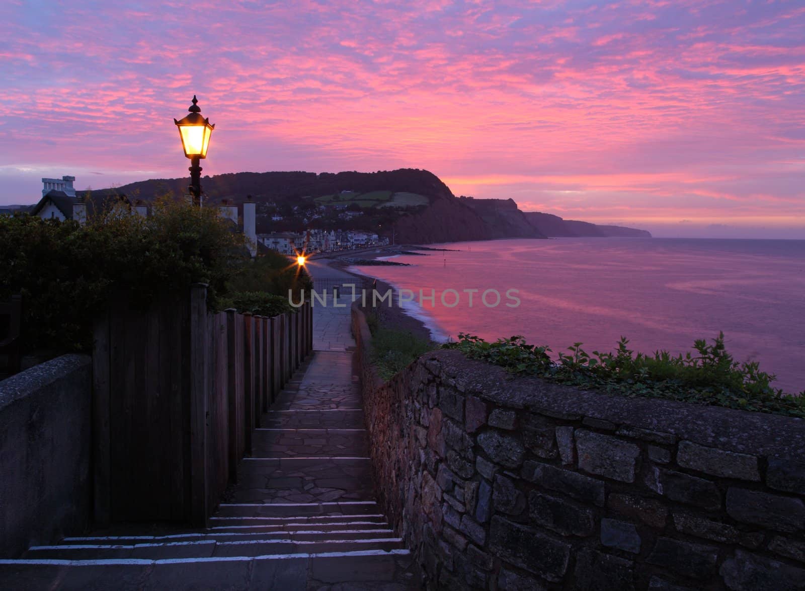 Street lights still on at sunrise in Sidmouth