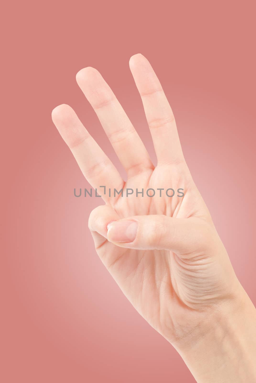 Female hands counting number three isolated on white