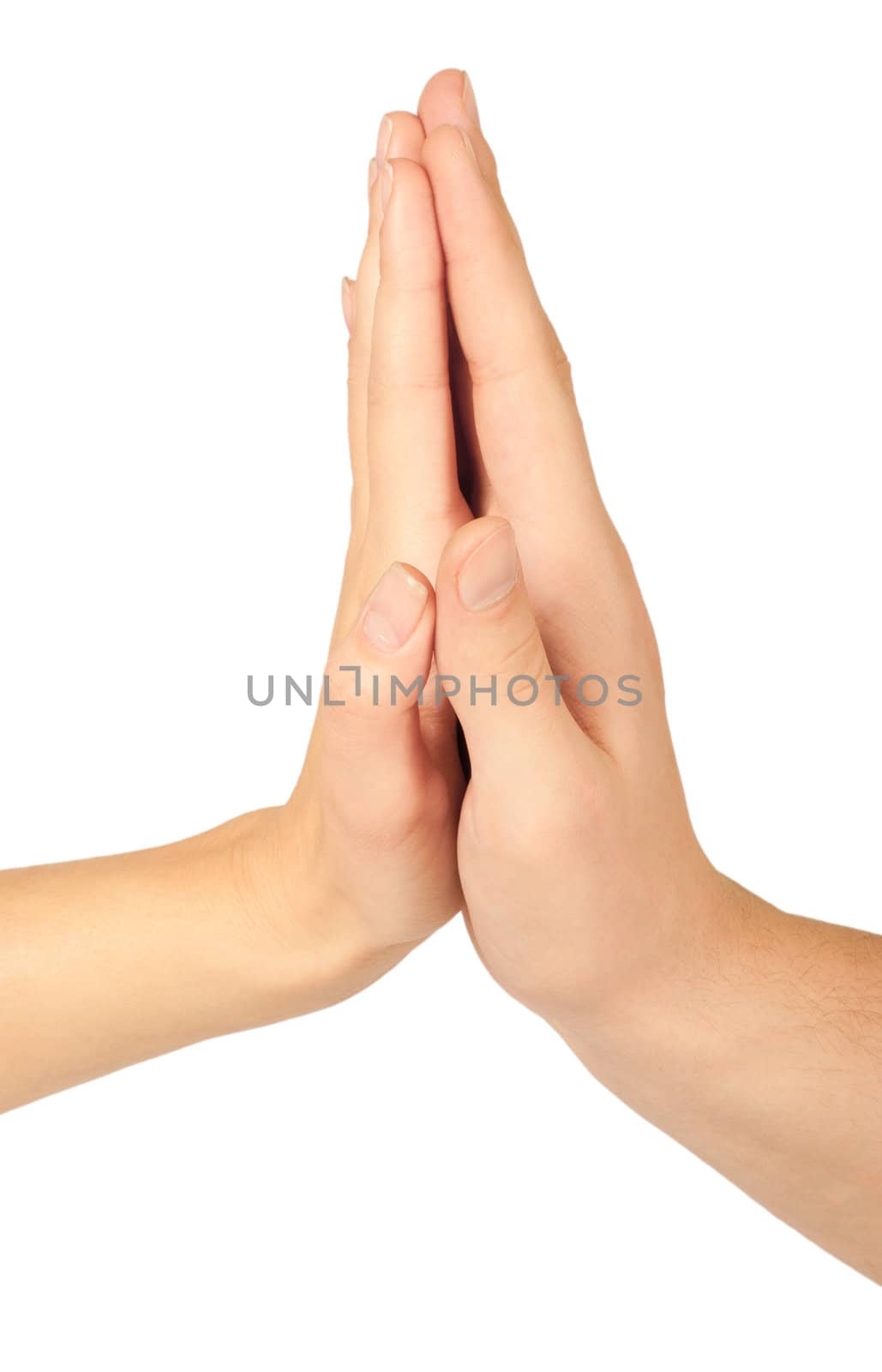 Two hands giving each other a High Five on white background