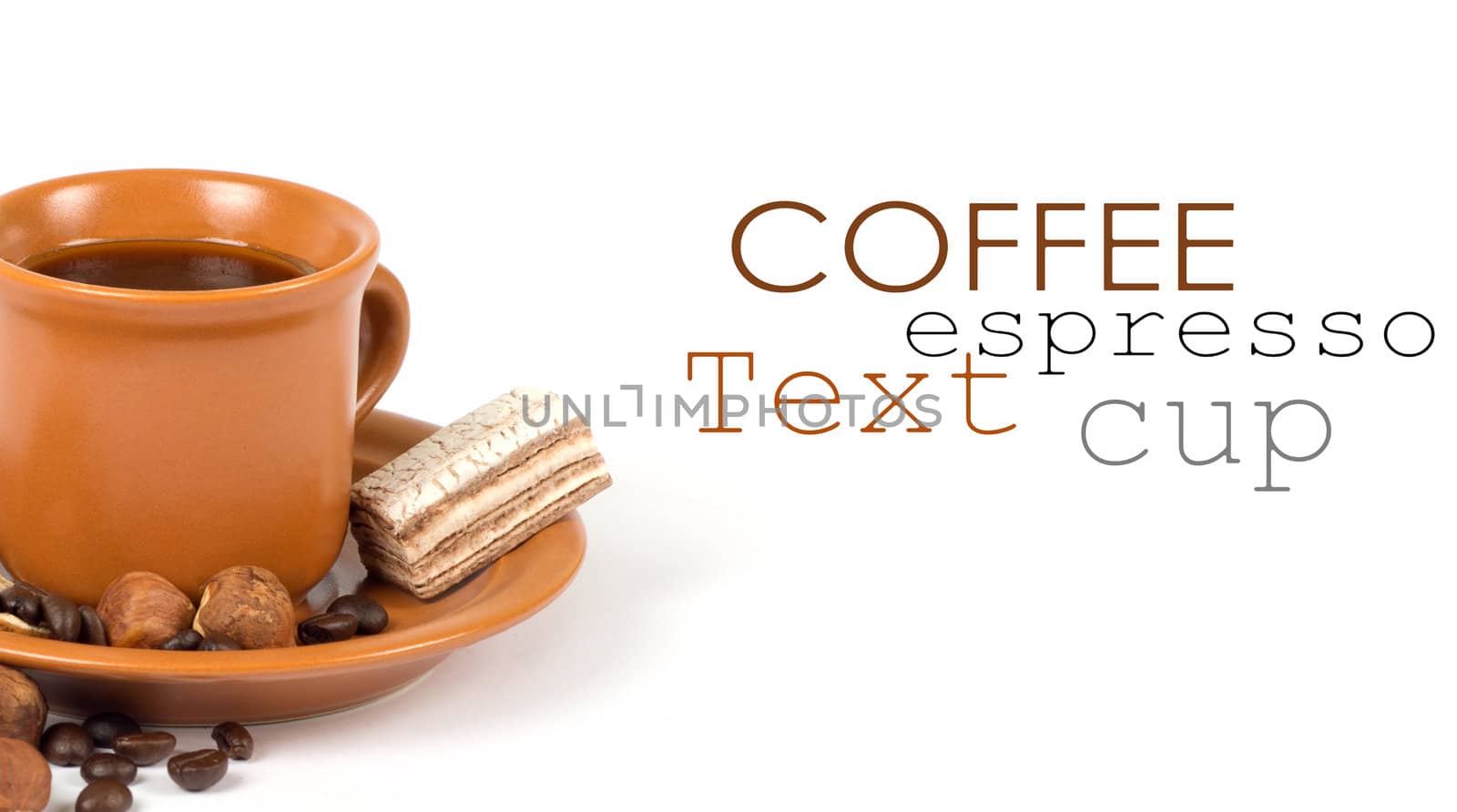 Cup of coffee with ingredients on a white background