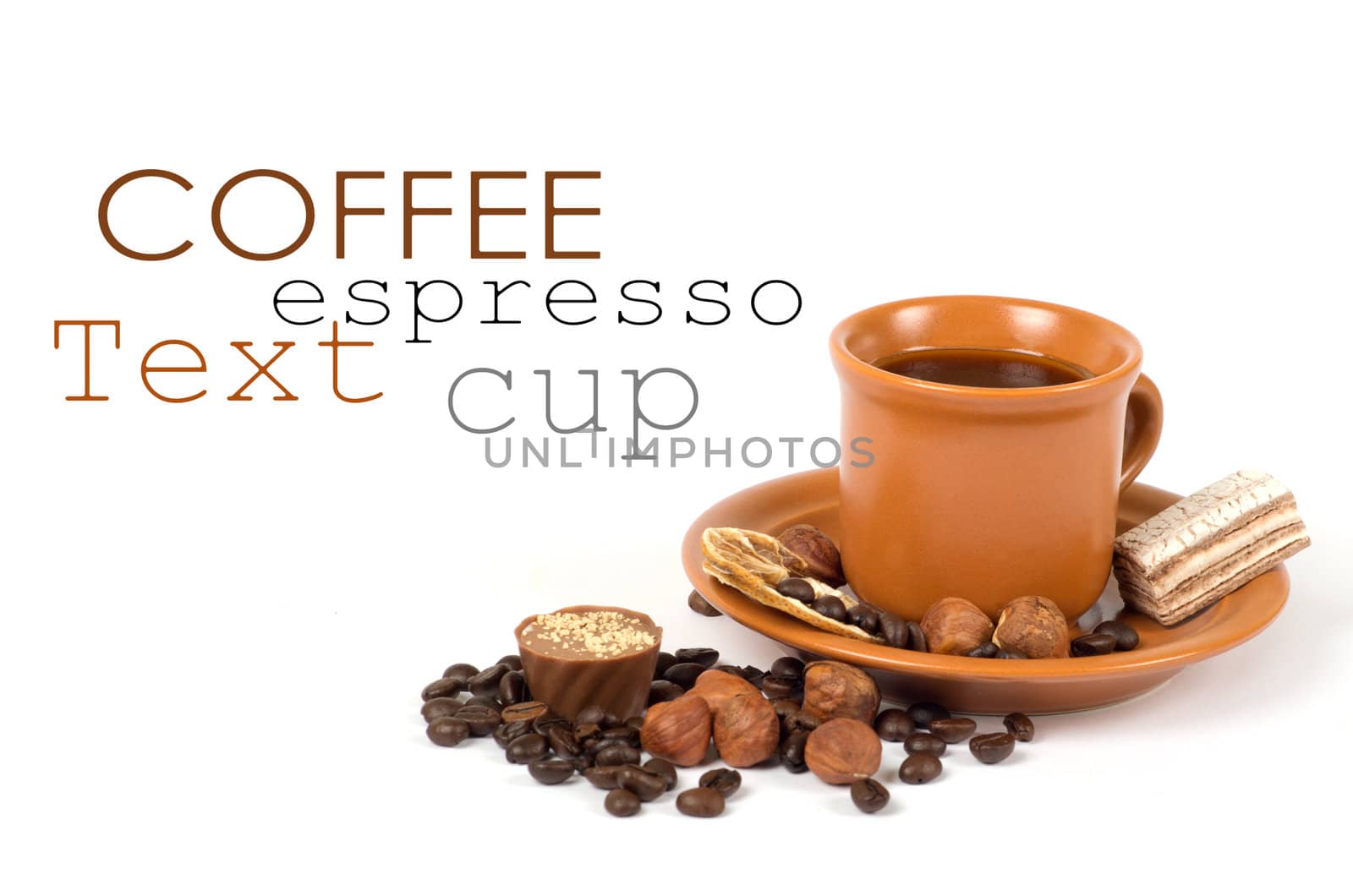 Cup of coffee with ingredients on a white background