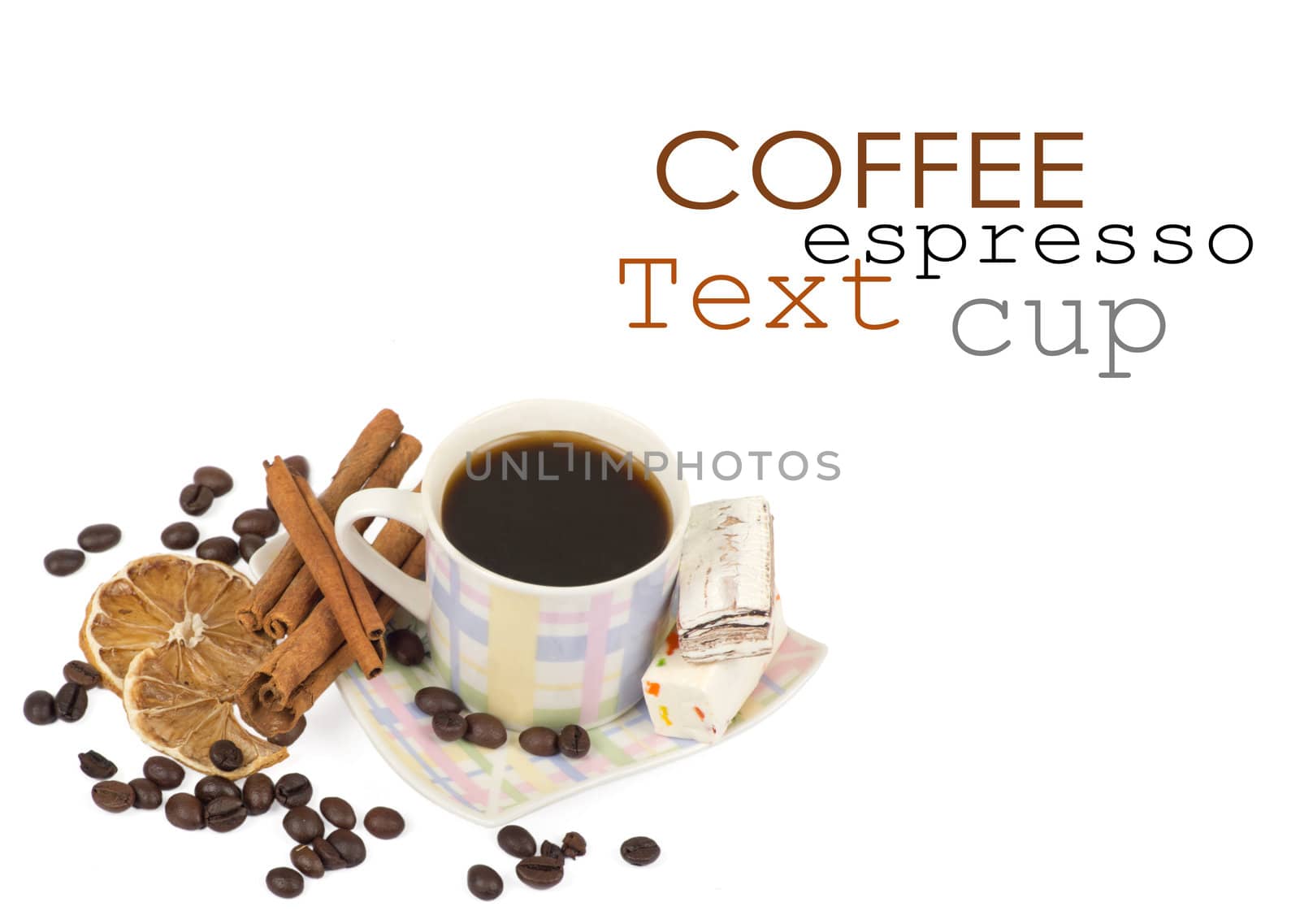 Coffee cup and grain on white background