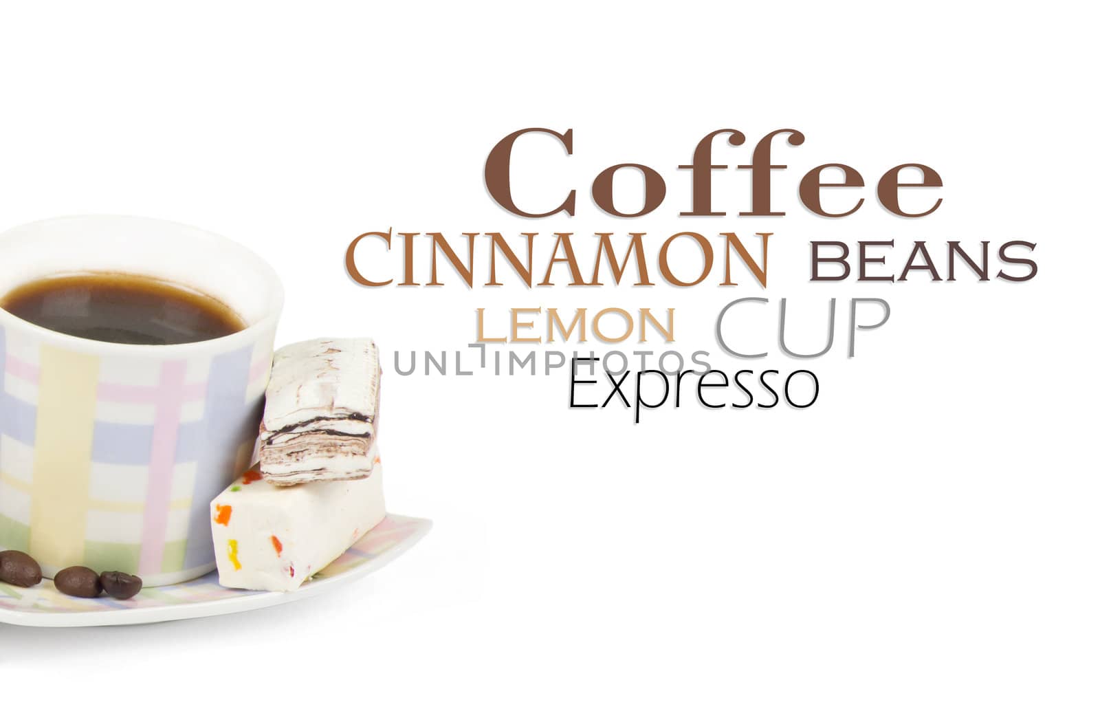 Cup of coffee with ingredients on a white background