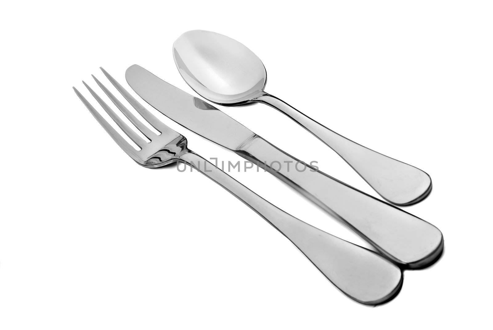 Cutlery - fork knife and spoon on white