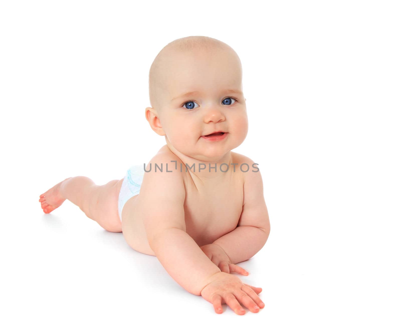 Crawling caucasian baby. All on white background.