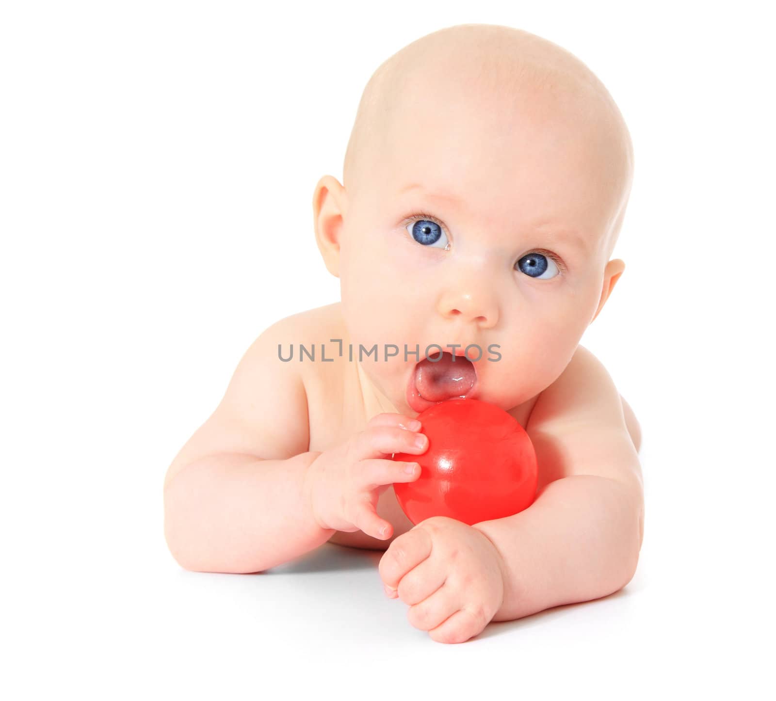 Cute Caucasian baby playing with red ball. All on white background.