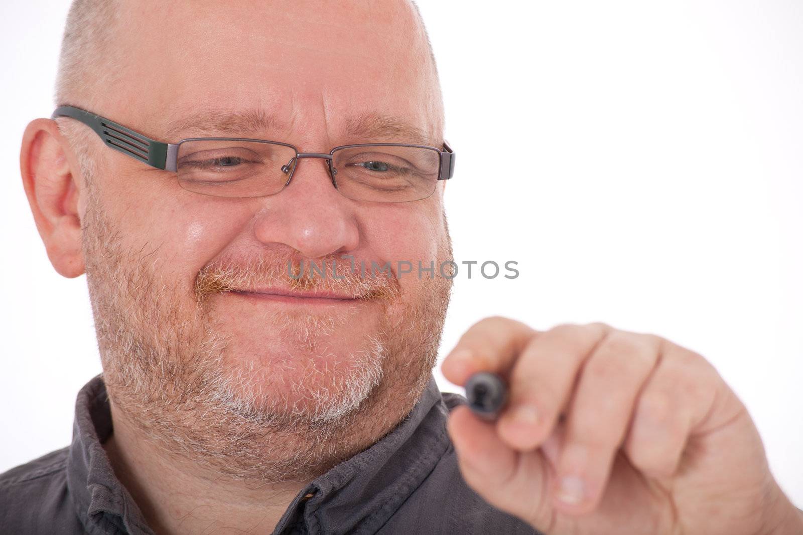 Elderly man writing with pen. All isolated on white background.
