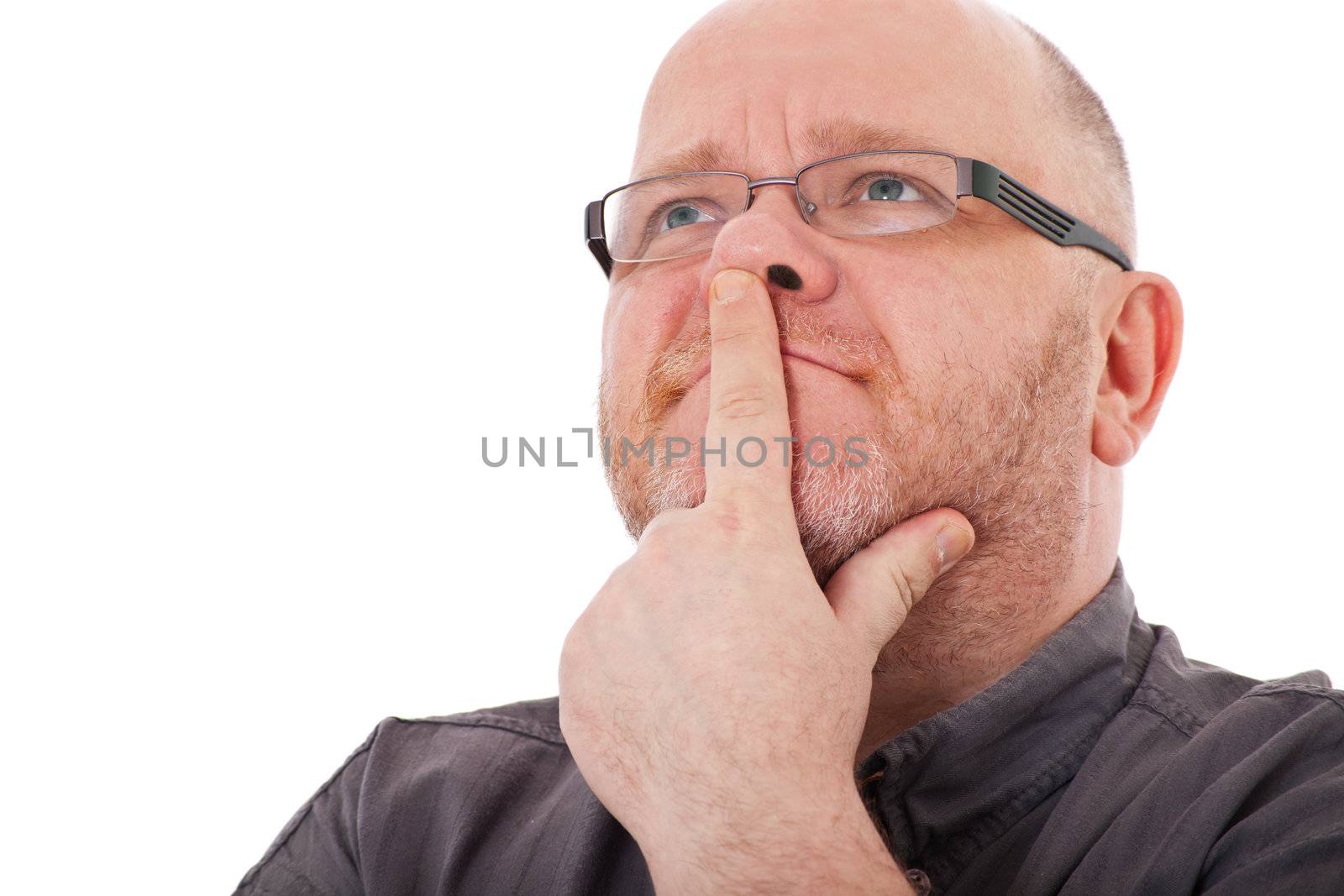 Attractive middle aged man podering a decision. All isolated on white background.