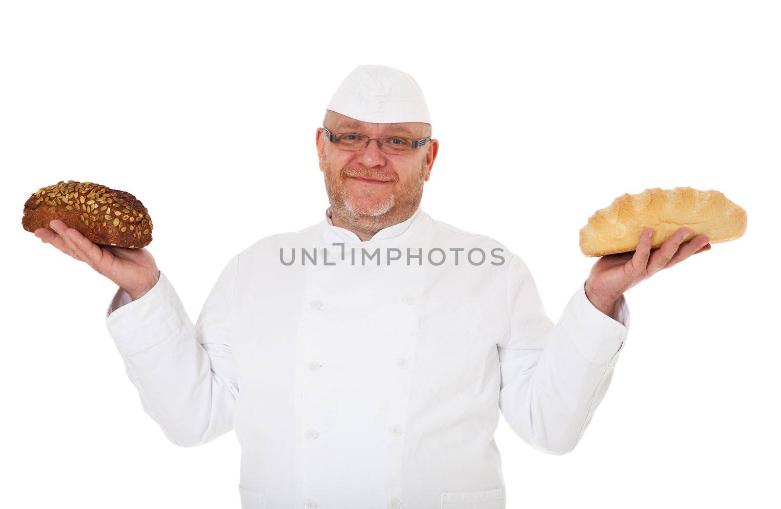Baker holding white bread and wholewheat bread. All on white background.