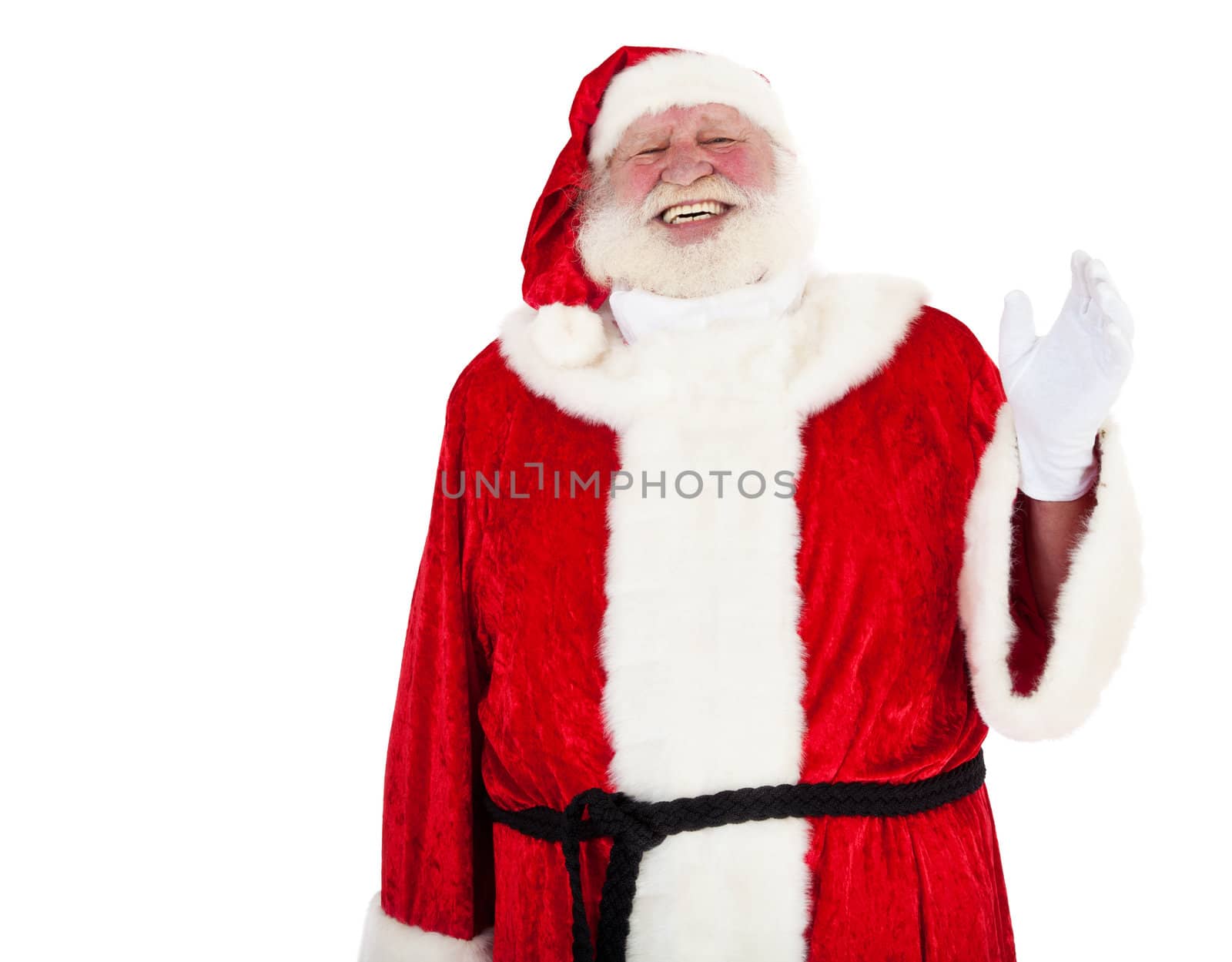 Santa Claus in authentic look waving hand. All on white background.