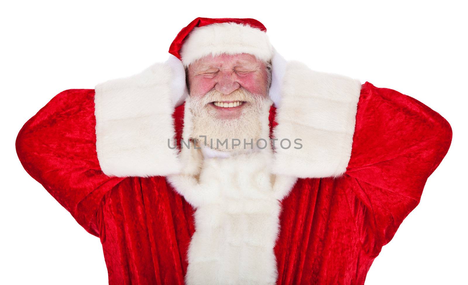 Santa Claus in authentic look keeps his ears shut. All on white background.