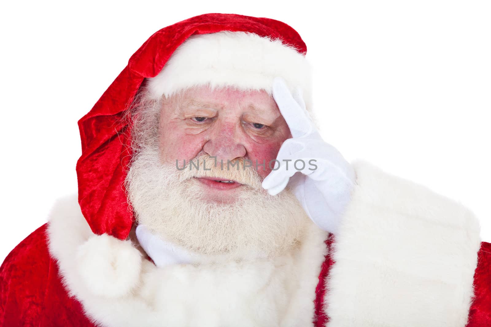Stressed Santa Claus in authentic look. All on white background.