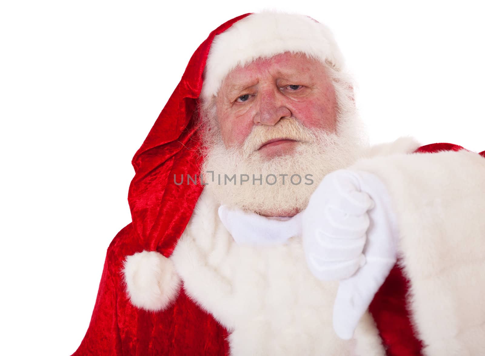 Santa Claus in authentic look showing thumbs down. All on white background.