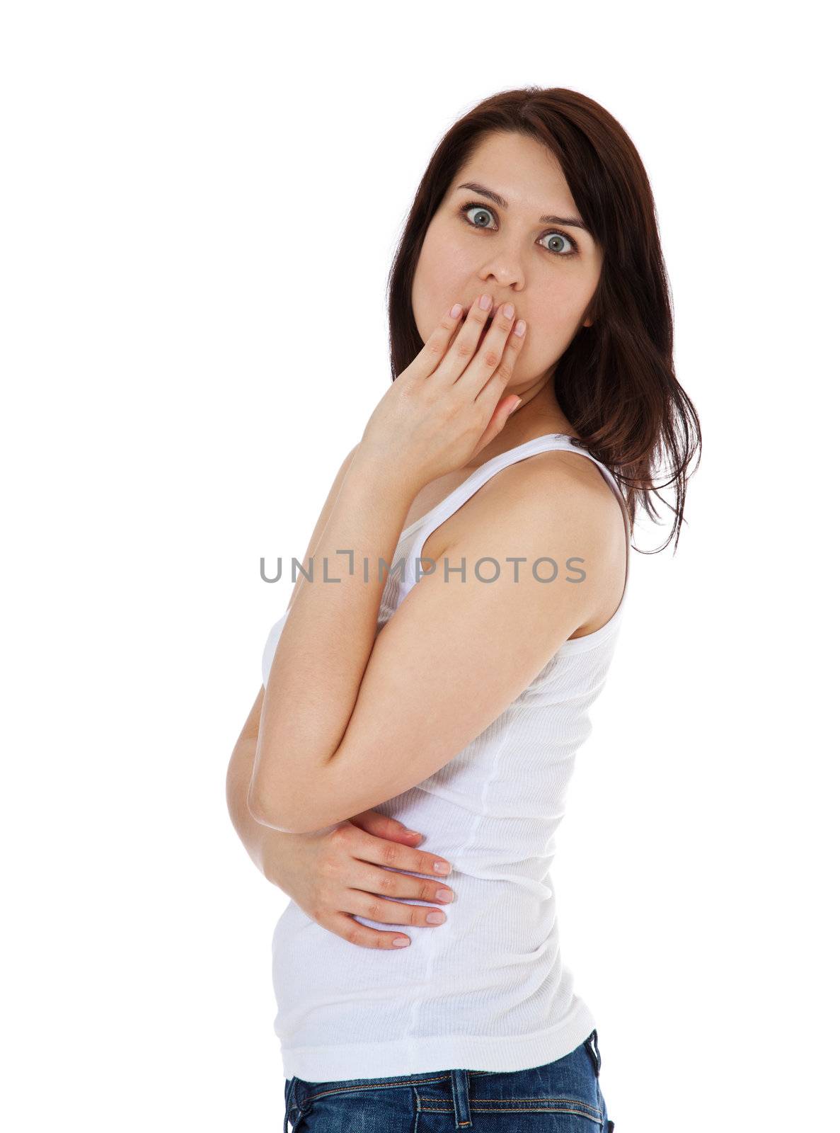 Attractive young woman with surprised facial expression. All on white background.