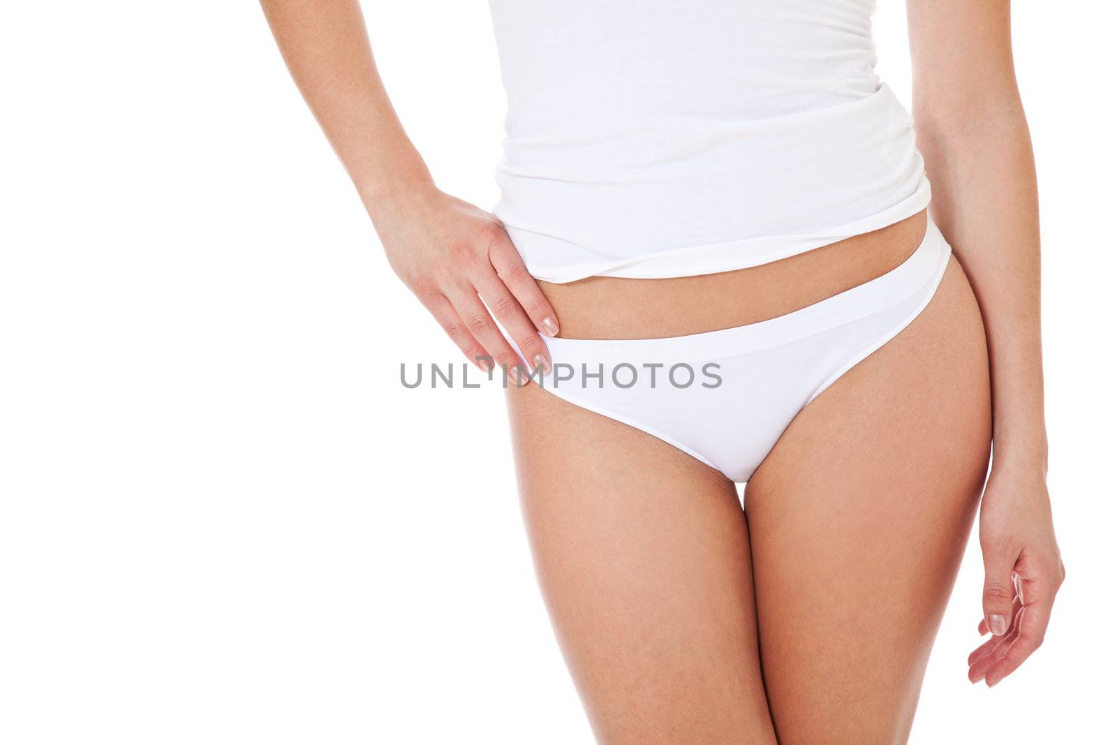 Attractive female person in white underwear. All on white background.