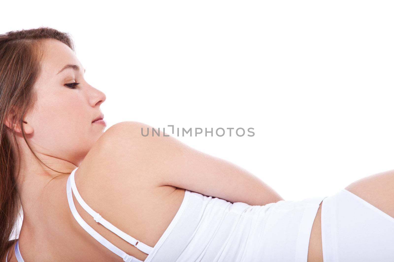 Attractive young woman in underwear. All on white background.