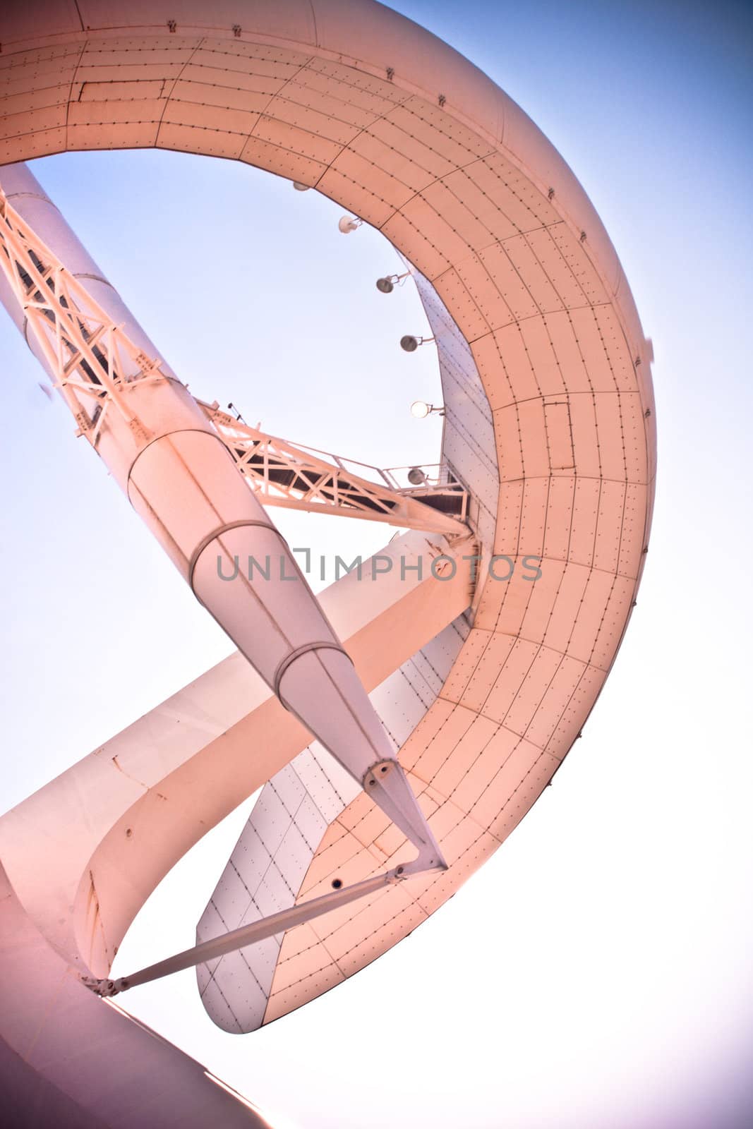Close-up image of the beautiful Montjuïc Communications Tower also known as Torre Calatrava and Torre Telefónica in Barcelona, Spain.