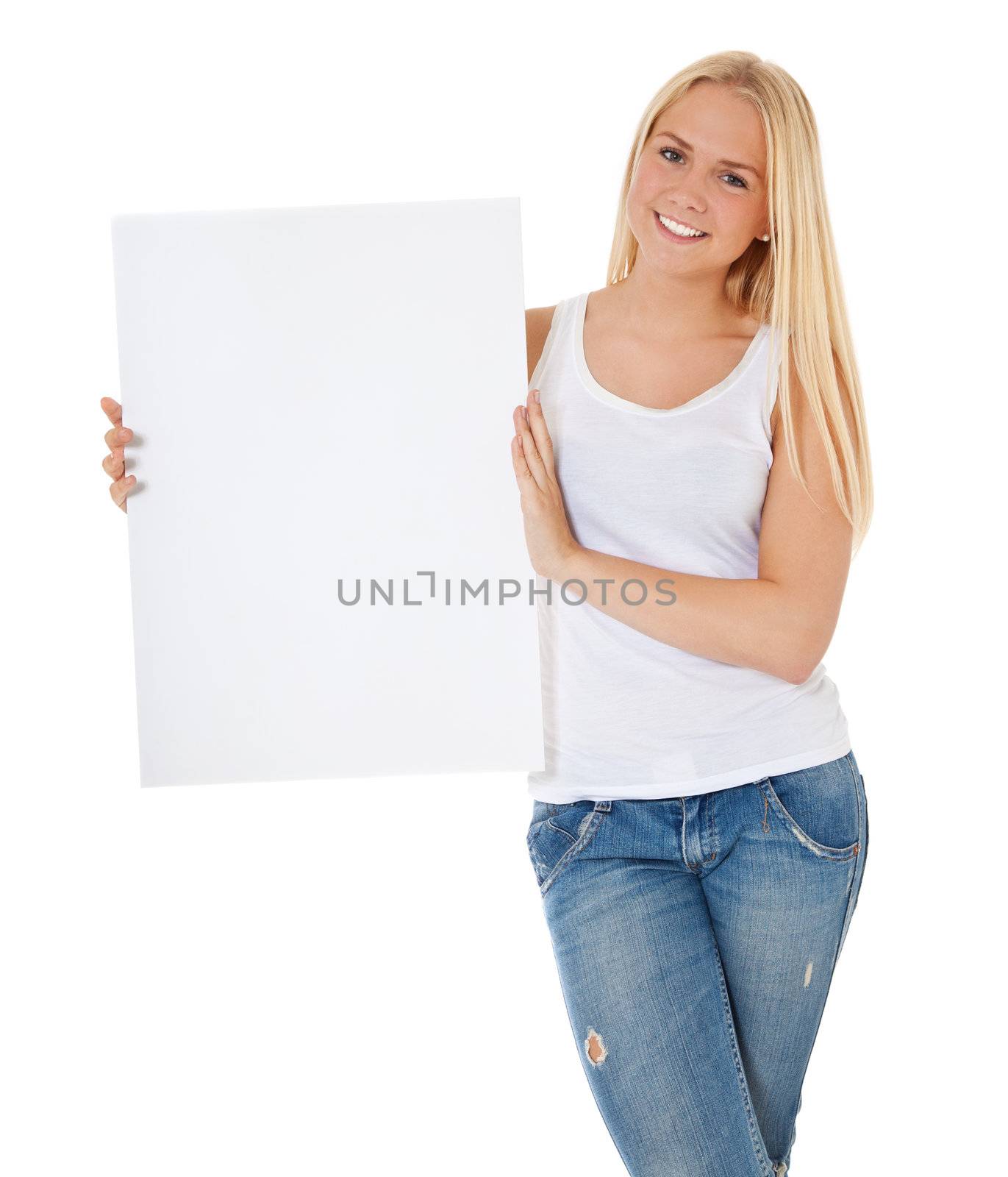 Attractive young woman holding blank white sign. All on white background.