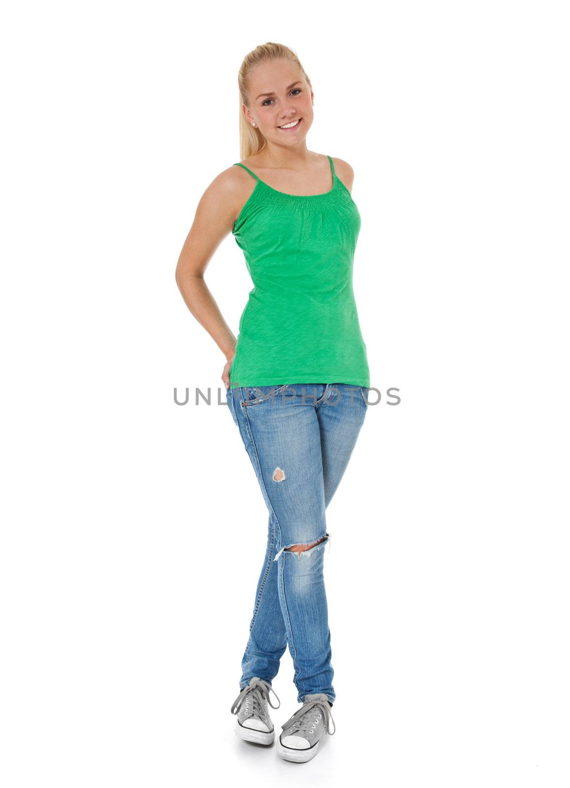 Attractive teenage girl. All on white background.