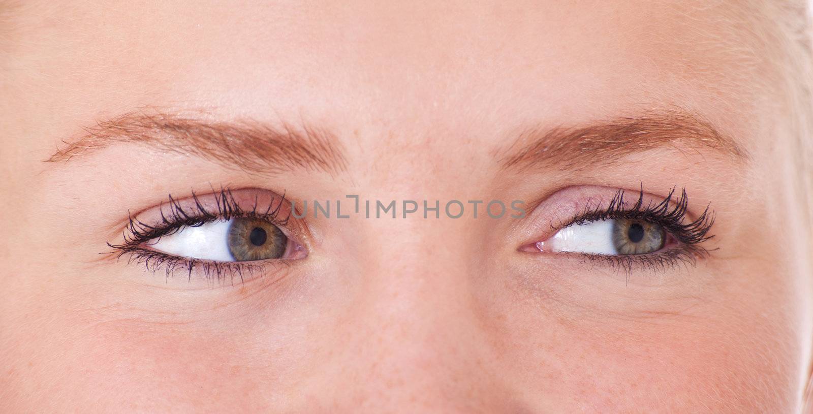 Eyes of an attractive teenage girl looking to the side  All on white background.