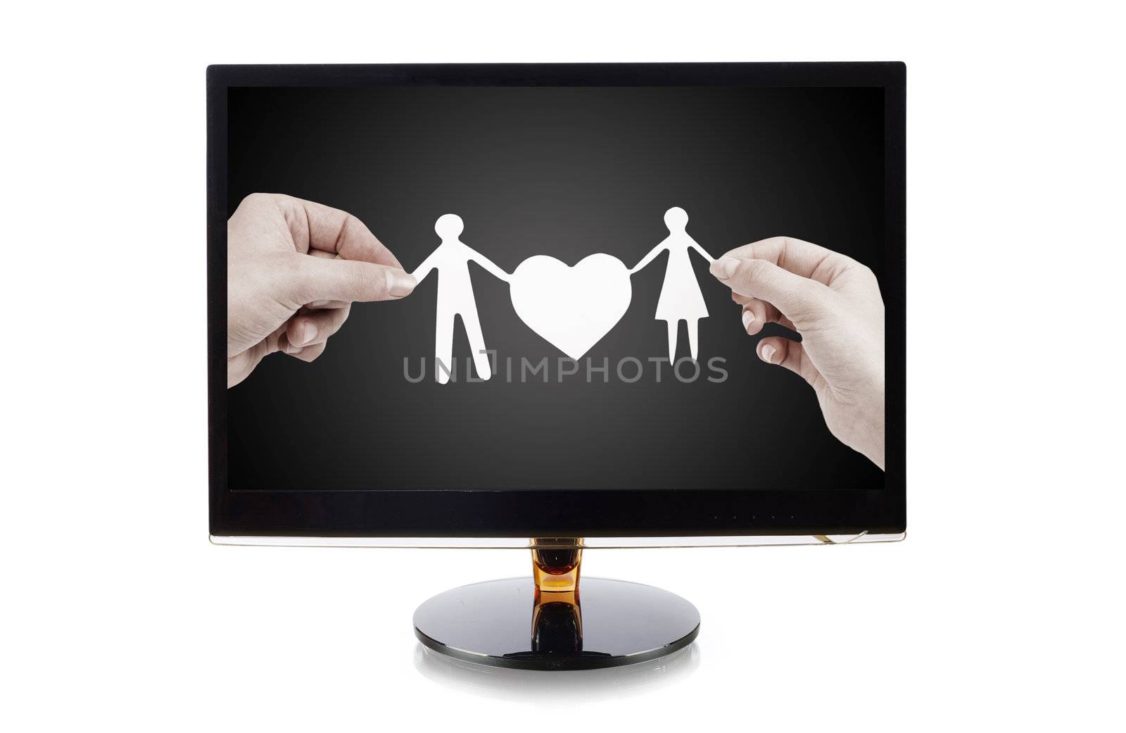 monitor with a paper family in hands isolated on white