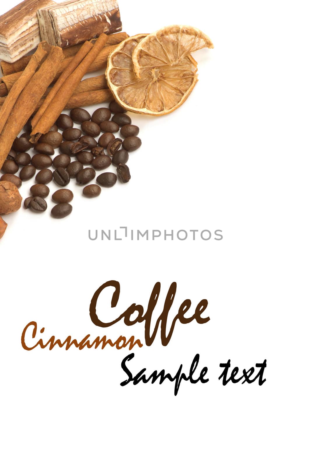 Coffee beans, cinnamon, lemon and sweets over white with a space for Your text