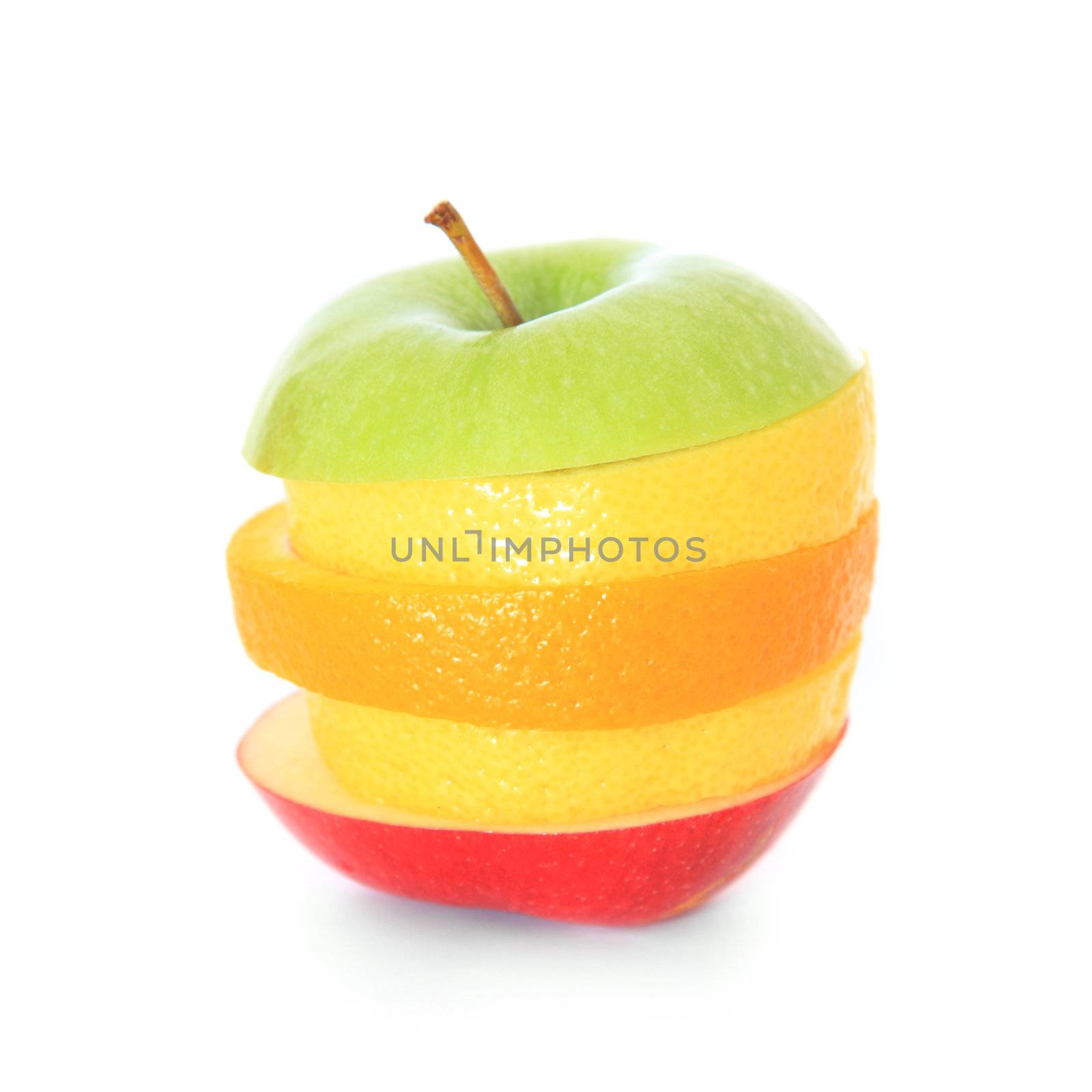 Stack of various fruits. All isolated on white background.