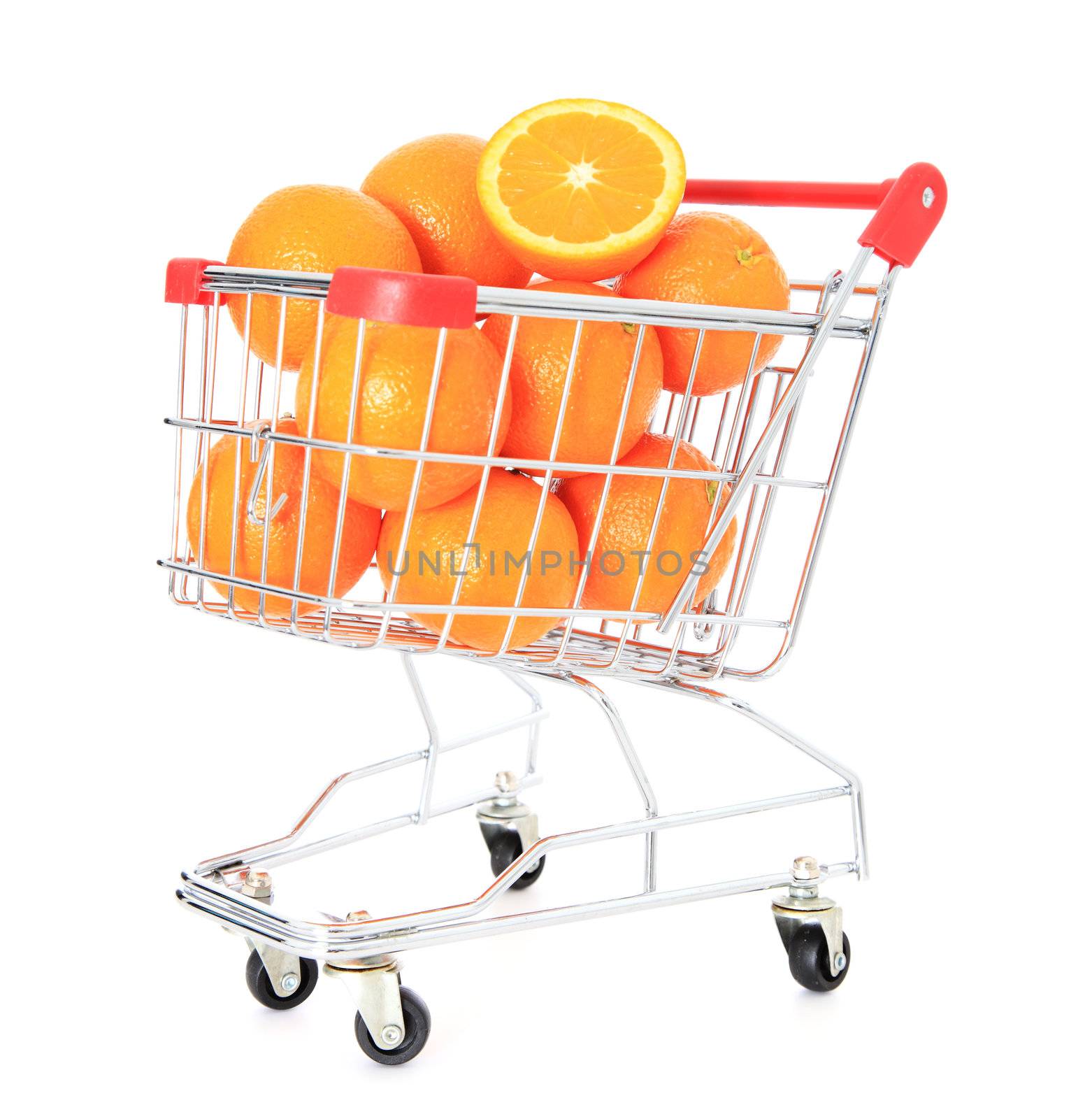 Shopping cart full of fine ripe oranges  All on white background