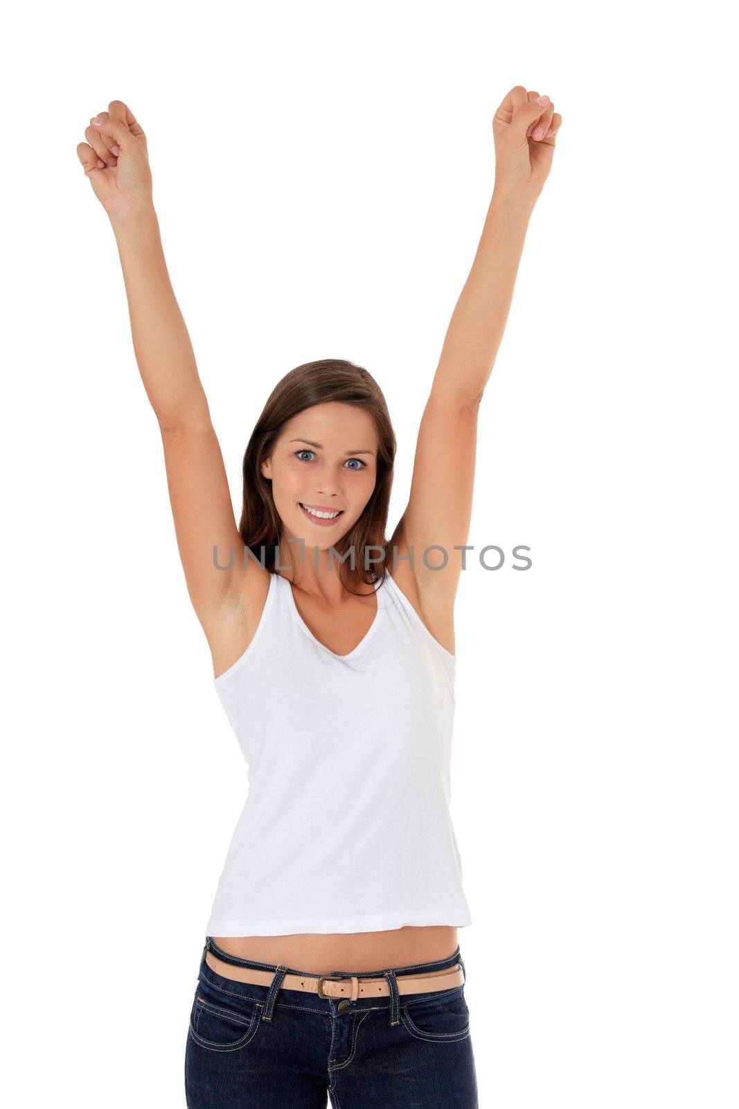 Cheering young woman. All on white background.