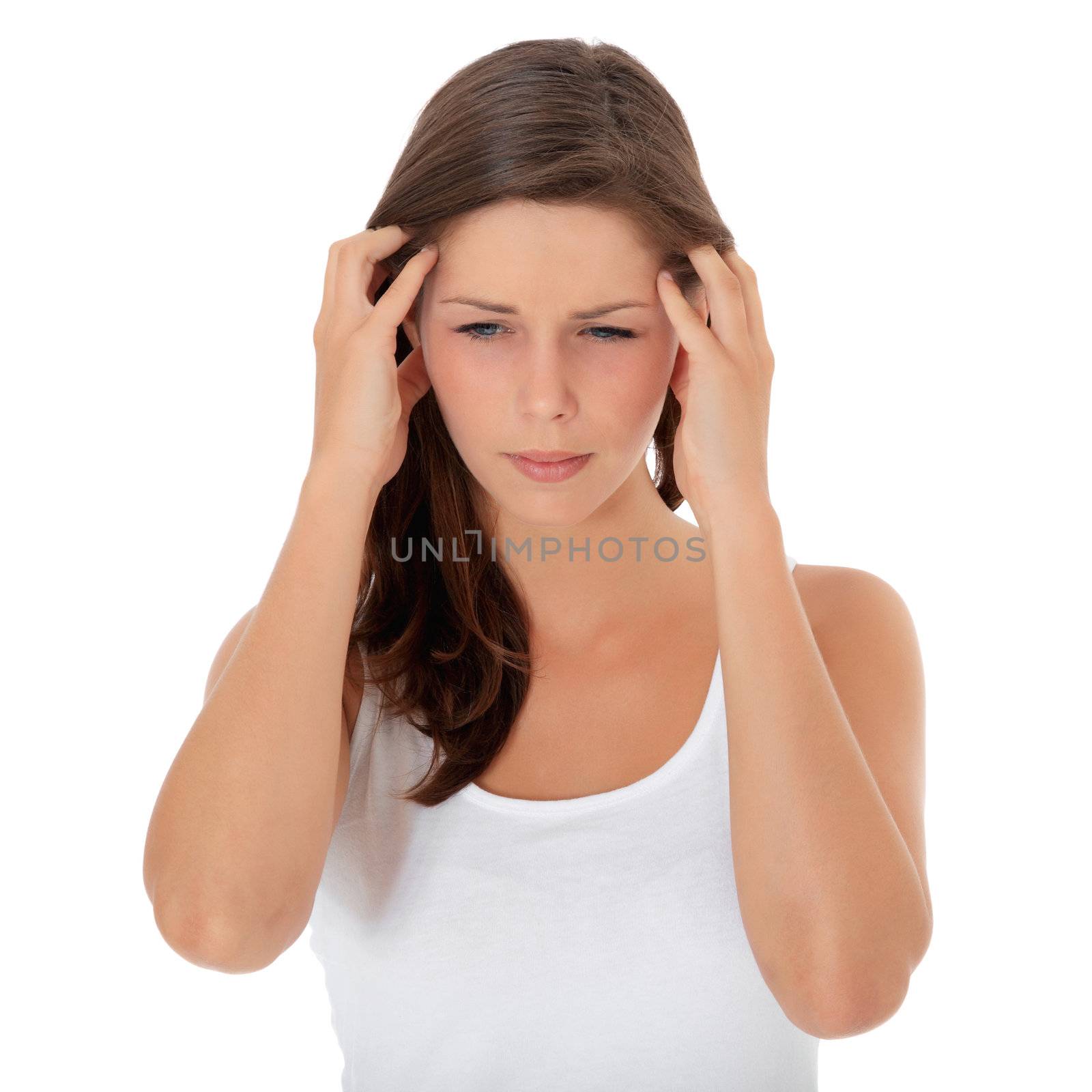 Attractive girl suffers from headache. All on white background.