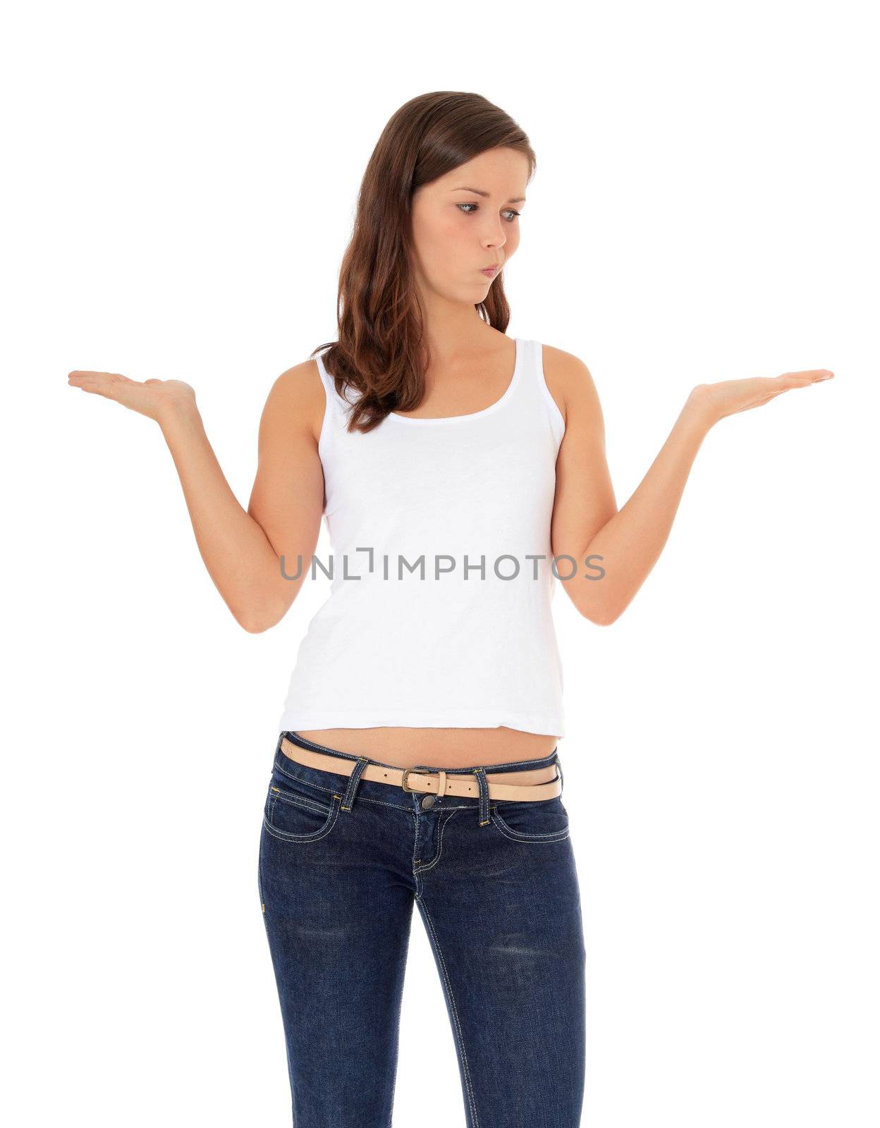 Clueless young woman. All on white background.