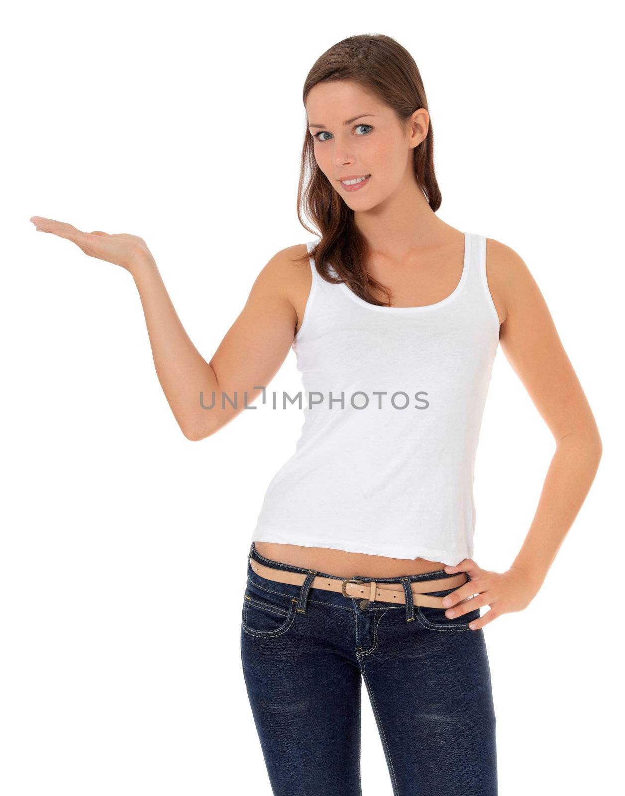 Attractive young woman pointing to the side. All on white background.