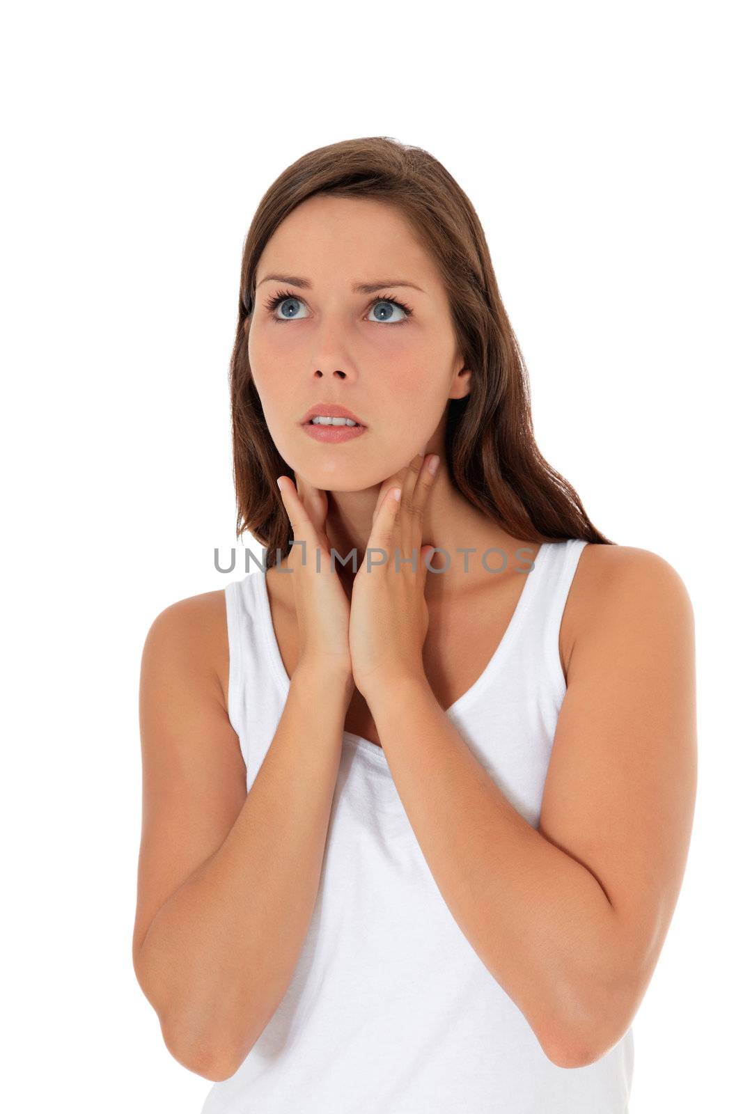 Attractive woman fells unwell. All isolated on white background.