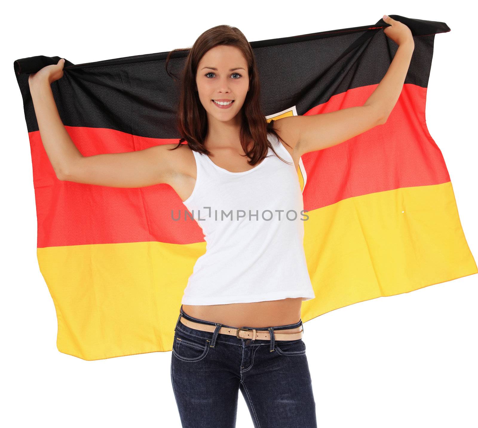 Attractive young woman cheering. All on white background.