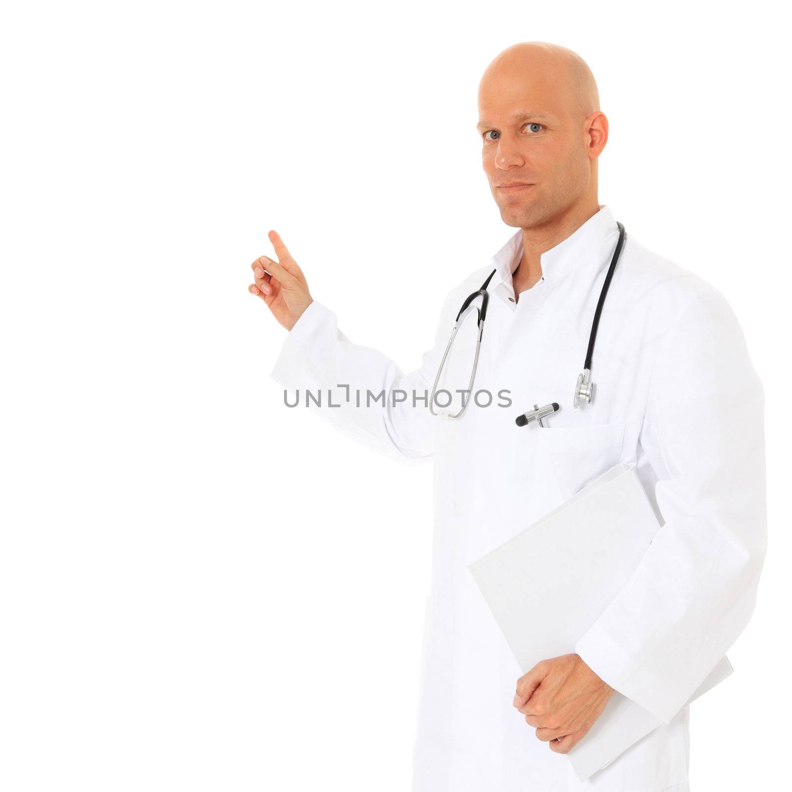 Portrait of an attractive doctor pointing to the side. All on white backgrund.