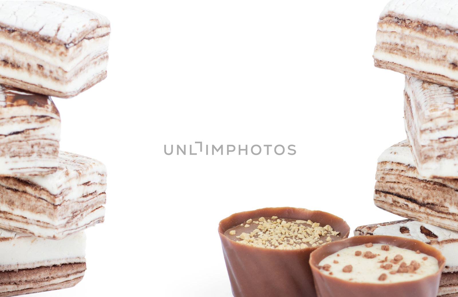 Chocolate and sweets over white