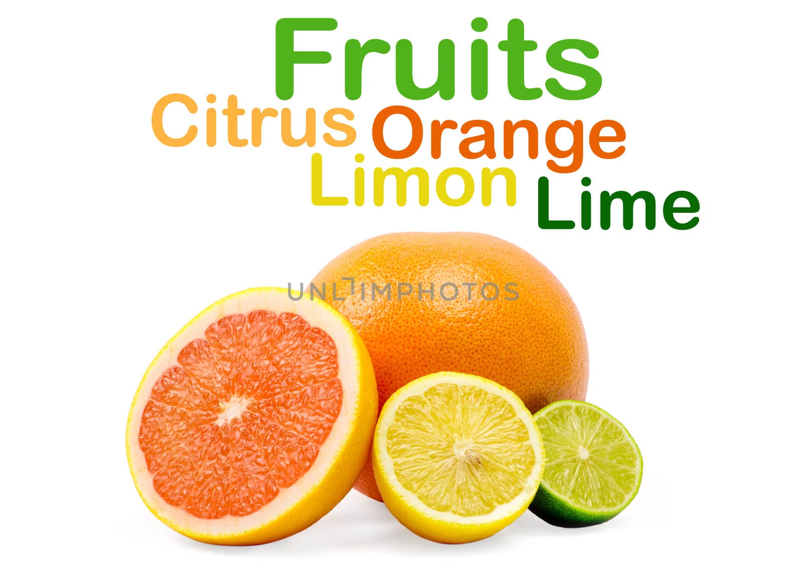 image of a fresh whole lime,lemon and orange isolated on white