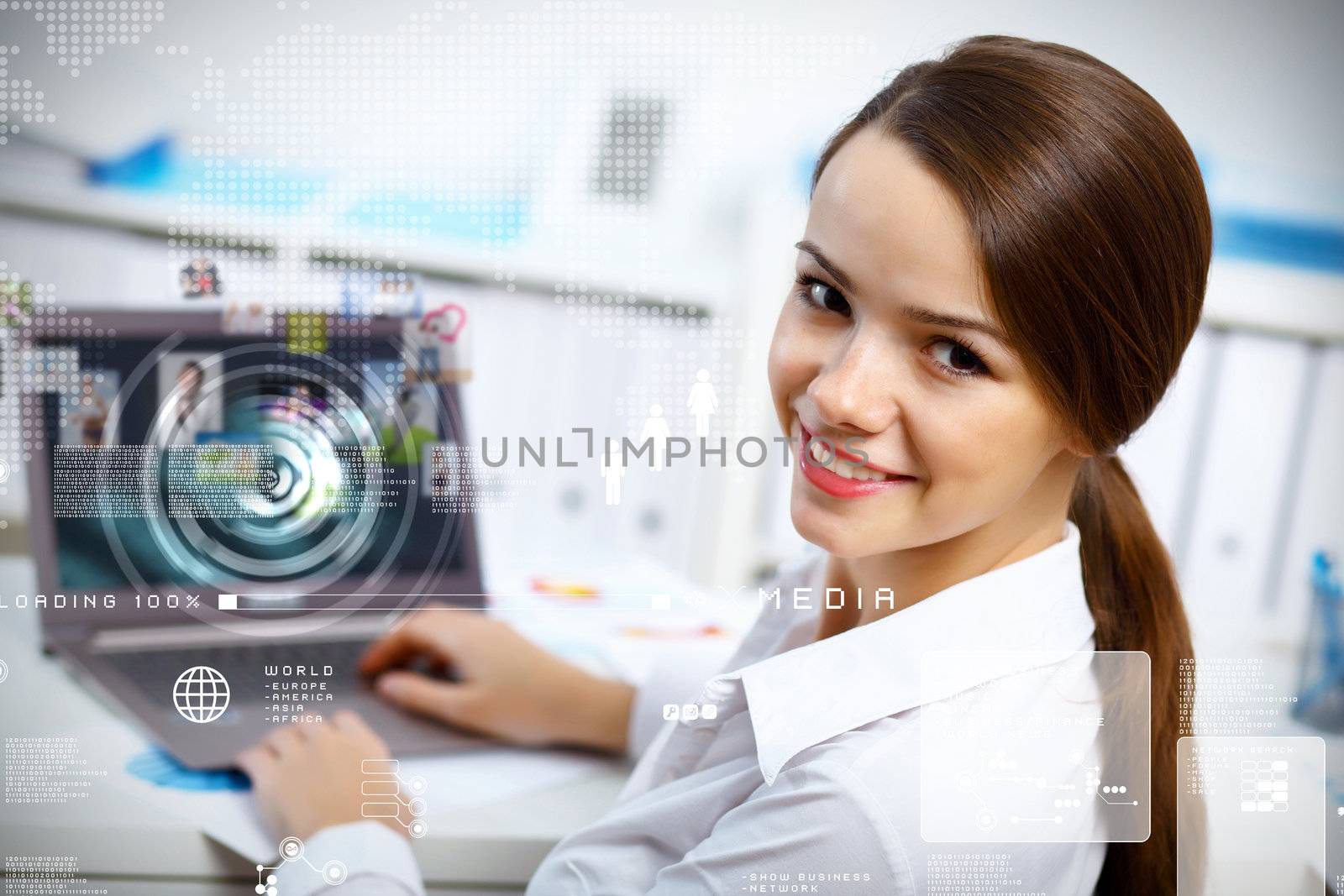 Business person working on computer against technology background