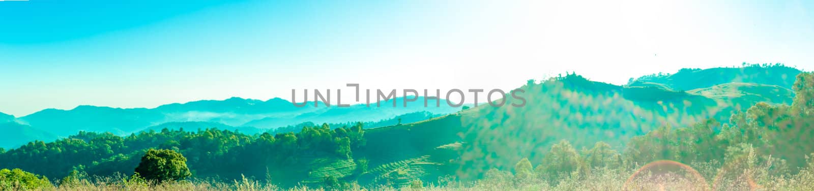 Landscape Panorama on mountain in thailand with flare light by moggara12