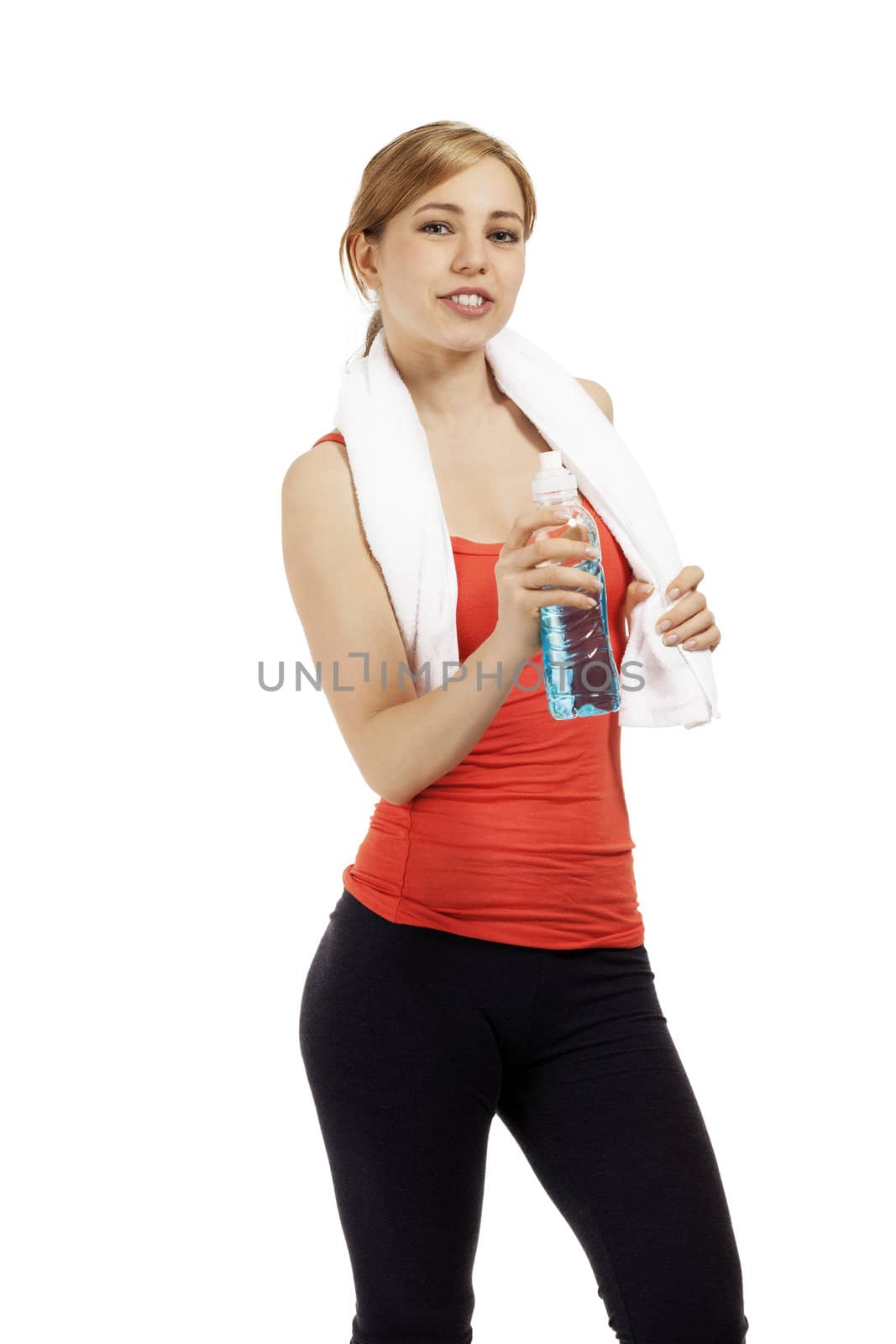 young sporty fitness woman with a bottle of water and a white towel on white background