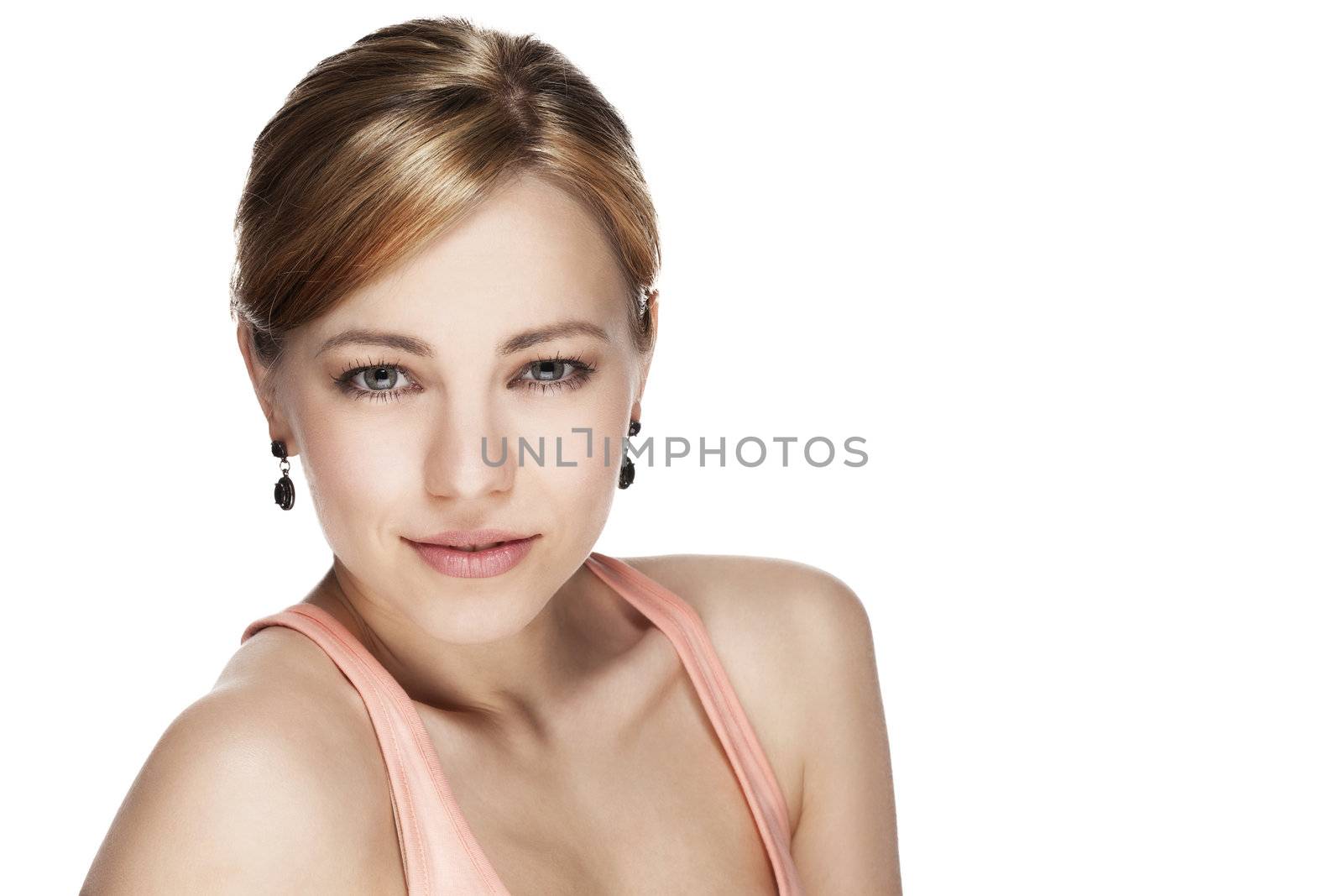 portrait of a young beautiful woman on white background