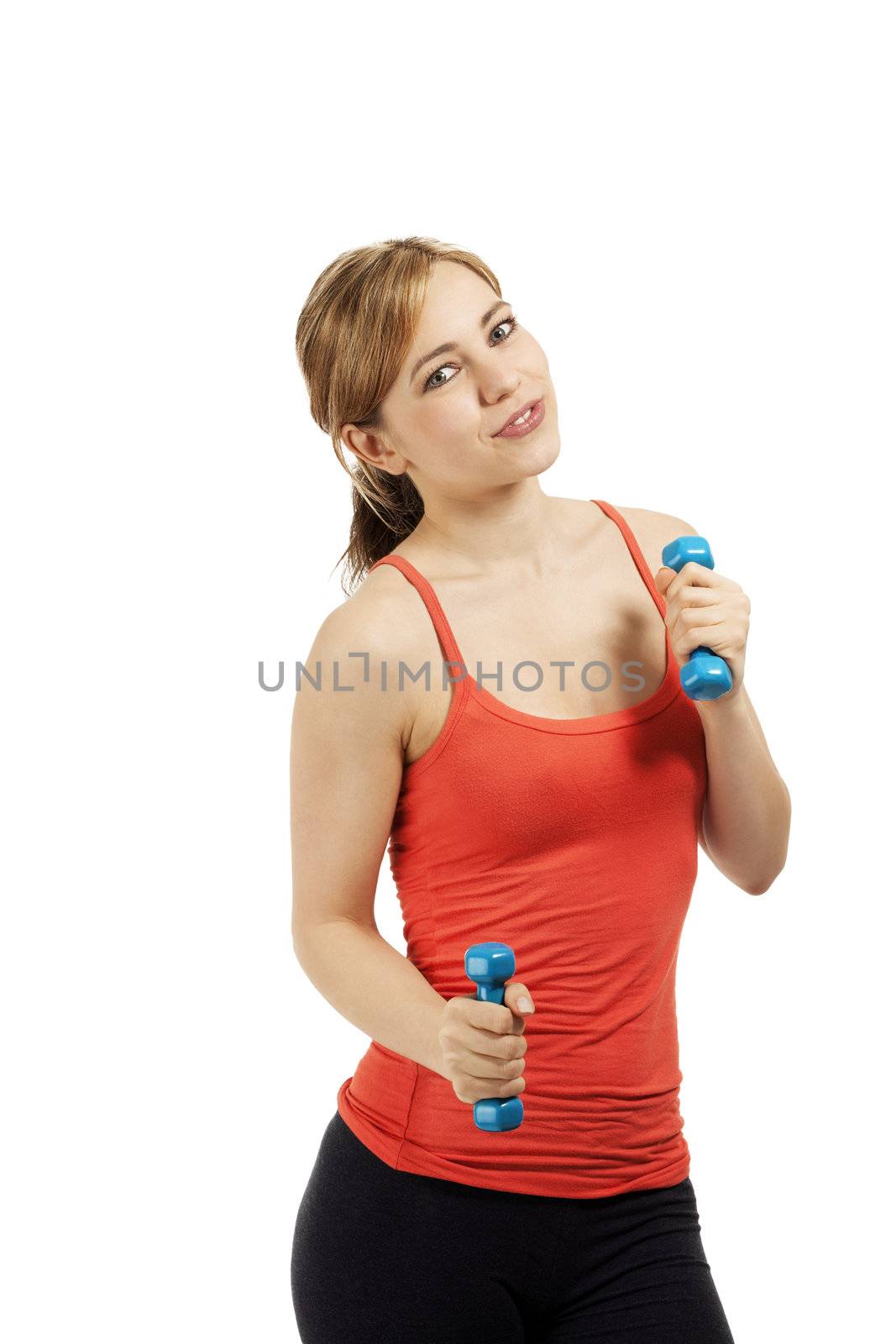 smiling fitness woman train with dumbbells on white background