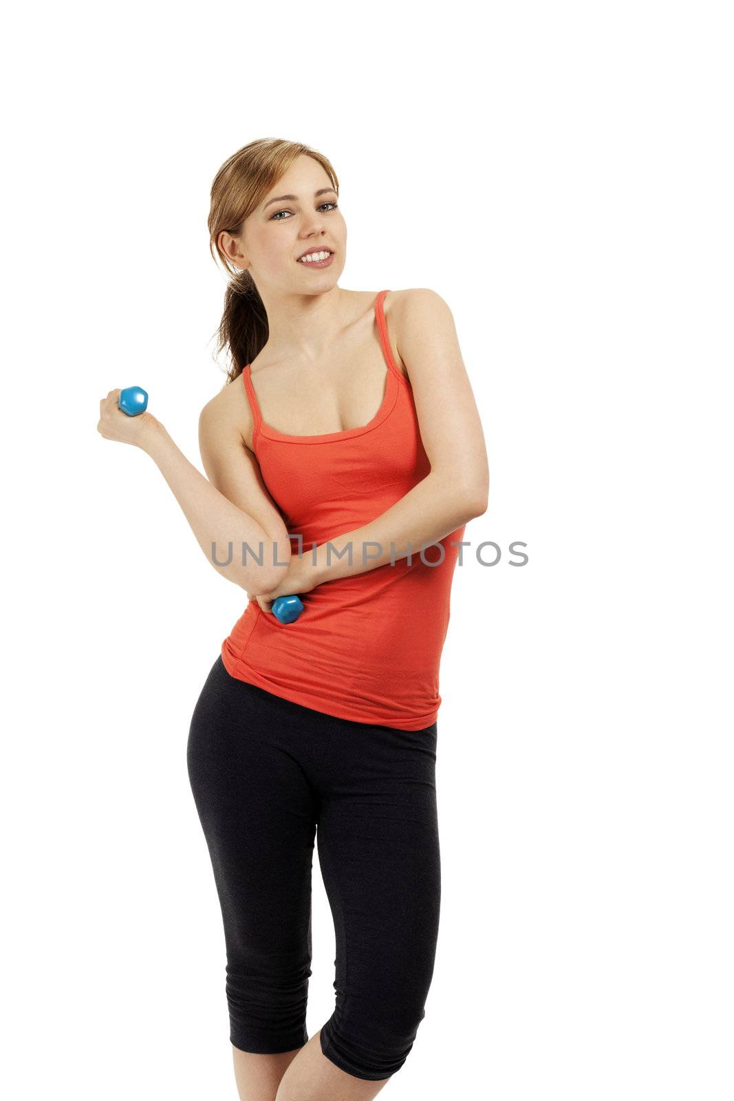 young confident smiling fitness woman with dumbbells on white background