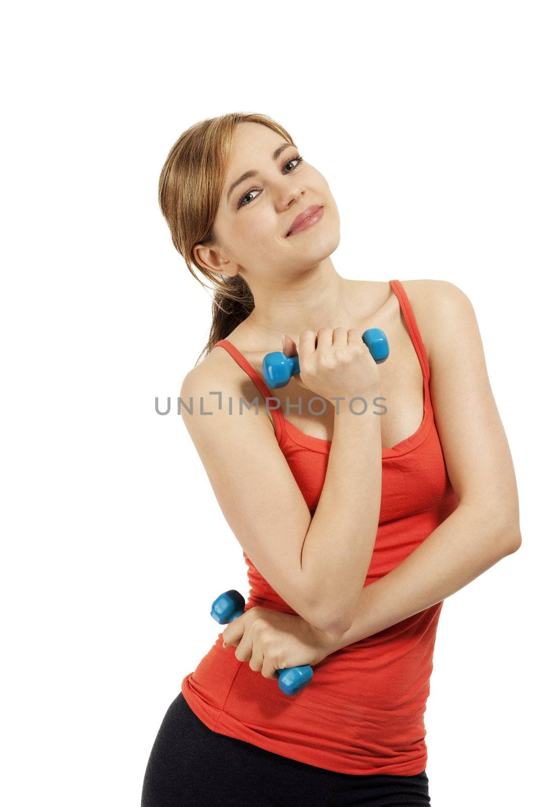 cute young fitness woman with blue dumbbells on white background